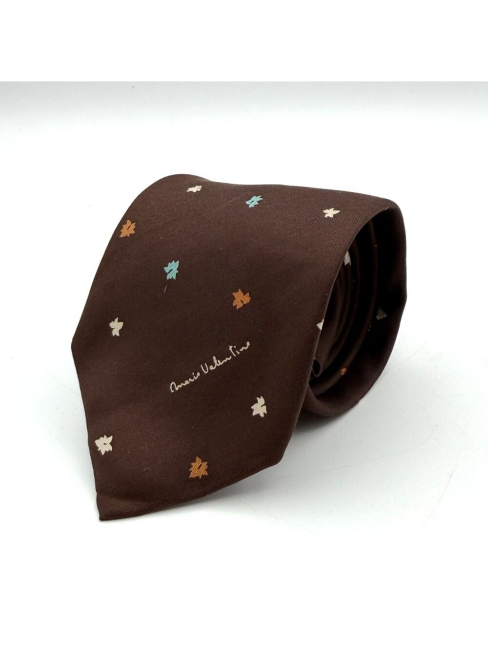 Vintage Mario Valentino Brown Multi Color Leaf Pattern All Silk Tie 57" x 3"